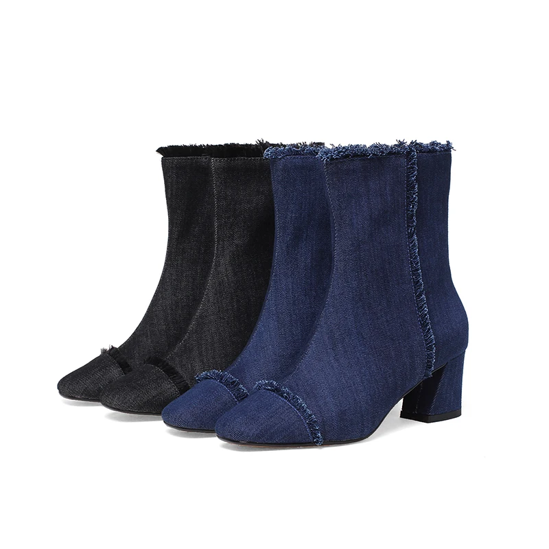 Женские джинсовые ботильоны с квадратным носком на высоком каблуке-копытце