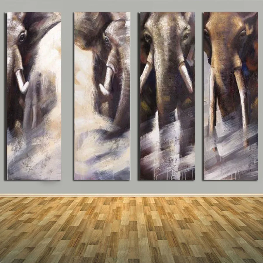 Goedkoop Handgeschilderde 4 Stuks Abstract Olifanten Olie Pianting Moderne Muur Foto Woonkamer Home Decor Canvas Foto Kunst Schilderij