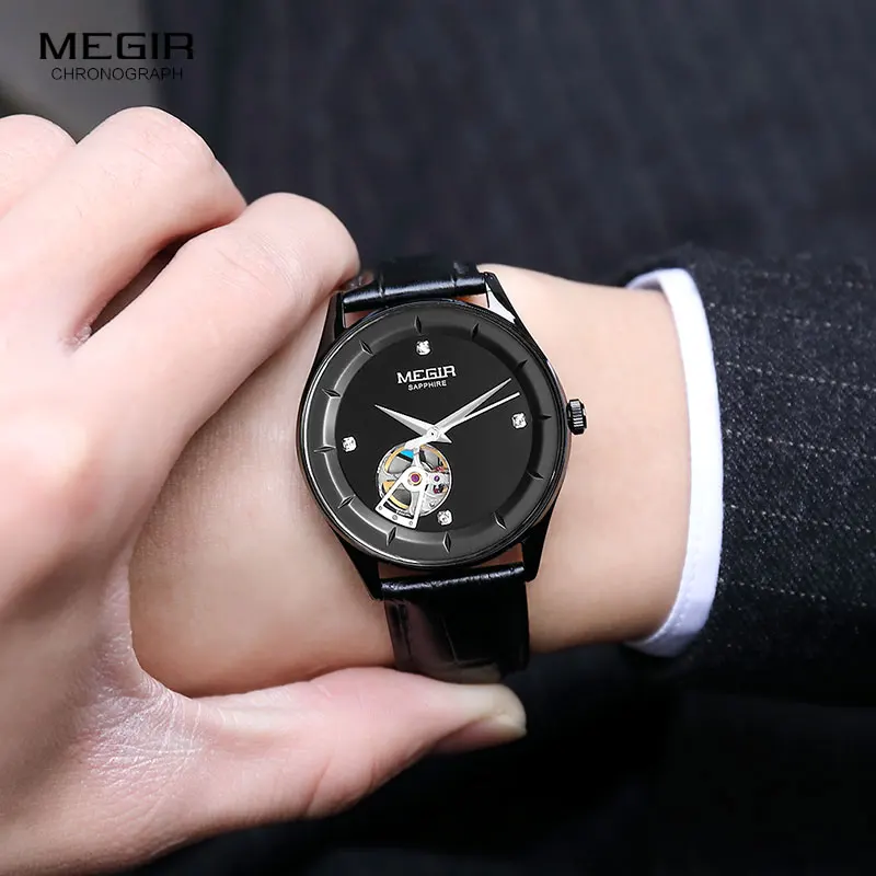 MEGIR мужские наручные кожаные механические часы Топ Бренд черные повседневные военные спортивные часы Mecanicos Masculinos часы 62059