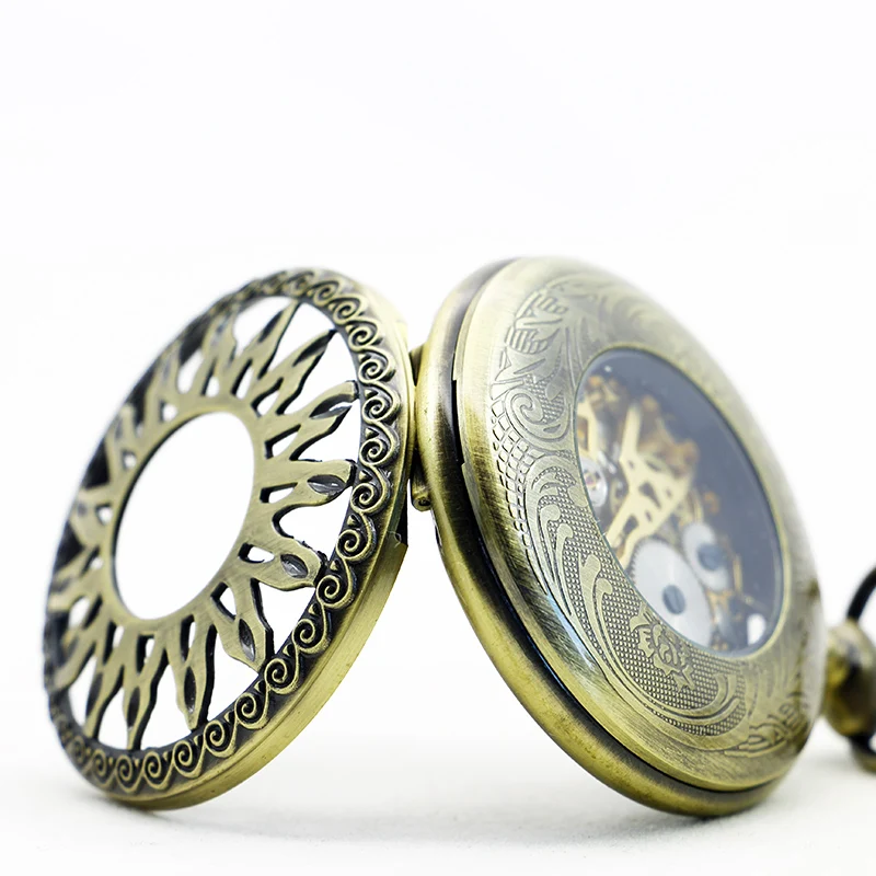 Antique Sunflower Skull Mechanical Pocket Watch Vintage Steampunk Manual Chain Necklace Pendant Accessory Clock Gift