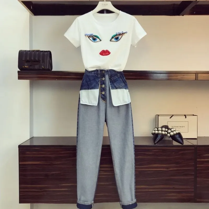 HAMALIEL/уличная футболка Джинсовый комплект летняя женская с блестками и вышивкой +