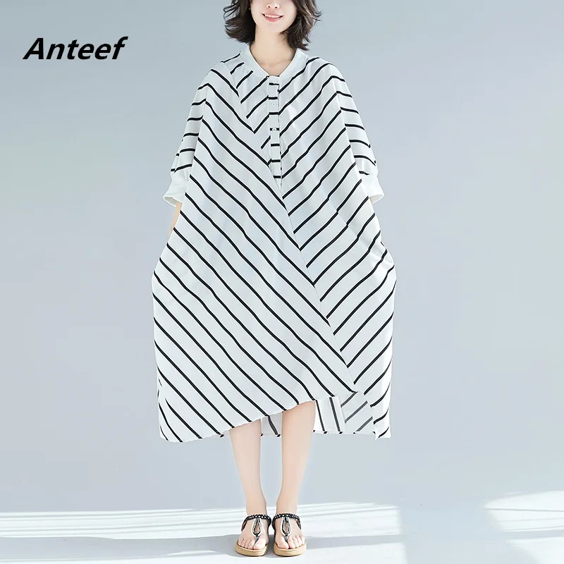 white black stripe vintage plus size women casual loose long spring summer shirt dress elegant clothes 2020 ladies dresses | Женская