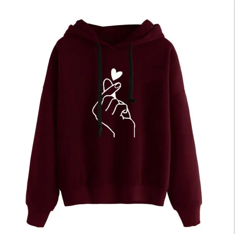 Wine Red Толстовки свитшоты размера плюс любовь новые осенние зимние повседневные принтованные женские свободные пуловеры с капюшоном с длинным рукавом Топы - Цвет: Wine Red