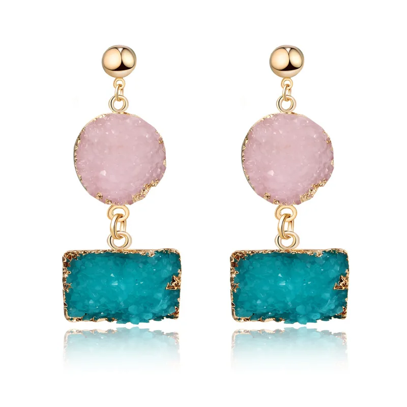 

New Design Bohemia Handmade Pink Resin Stone Earings For Women Jewelry Square Geometric Drop Dangle Druzy Drusy Earing
