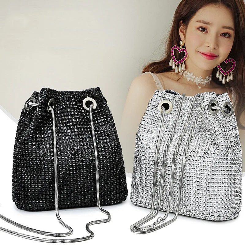 Rhinestone Inlaid Flash Bucket Clutch Bag For Evening Party Fashion Banquet Shoulder Storage Totes Bags Women Lady | Багаж и сумки
