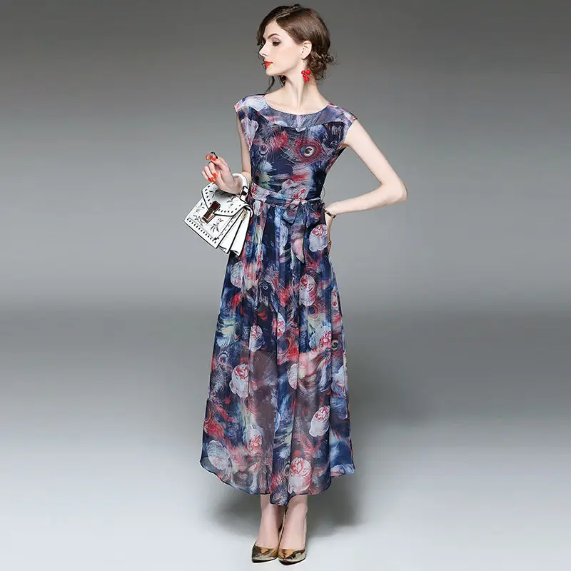 Мода цветочные печатный рукавов круглым воротом кружева dress summer женский