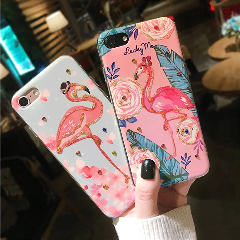 IMIDO Glitter Flamingo Phone case For iPhone 6 7 Plus Leaves Flower Jewelled Epoxy Soft Silicone 8 X back cover |
