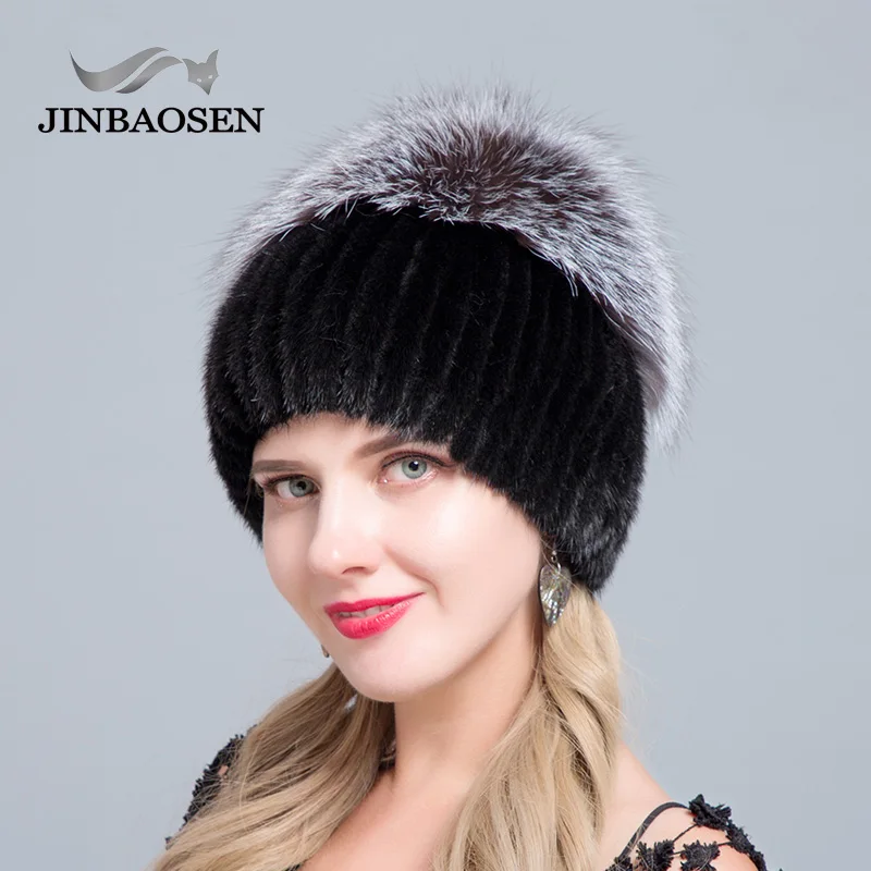 JINBAOSEN/Новинка; Лидер продаж; эластичная меховая шапка для женщин; меховая шапка для зимы; натуральная норковая шапка с серебристым лисьим мехом; помпоны; Топ; шапочки - Цвет: COLOR5