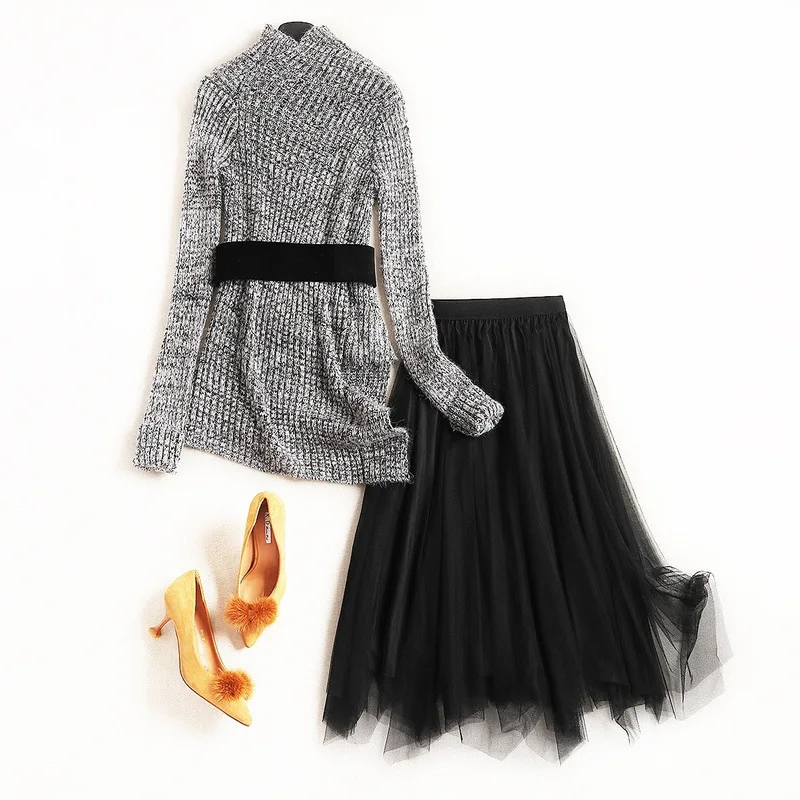 2019 новый дизайн модный костюм длинный рукав водолазка воротник вязаный свитер и