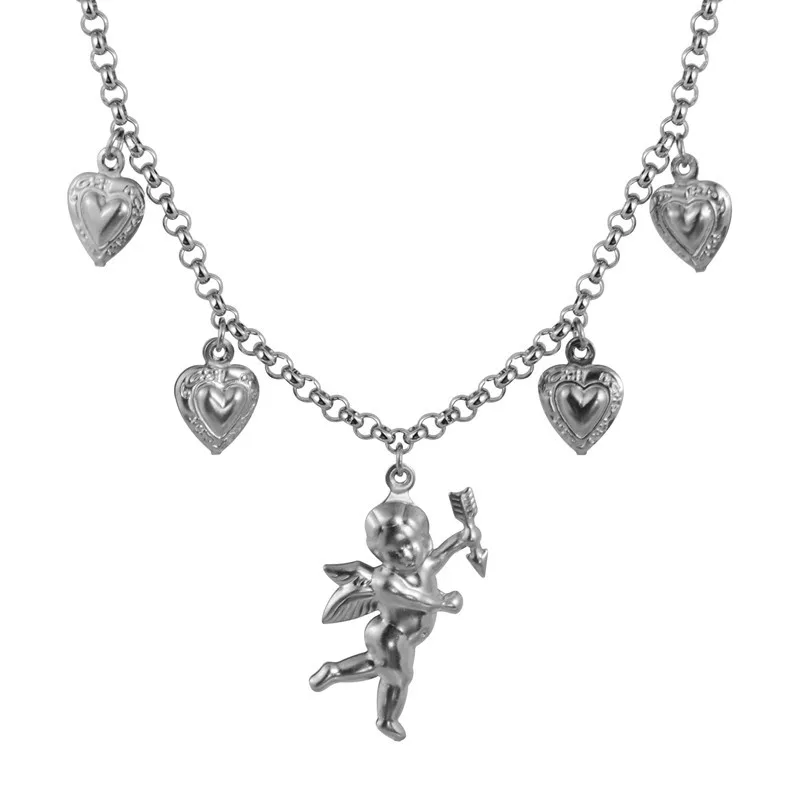 

ZHUYOU New Fashion Titanium Steel Stainless Steel Love Angel Wing Love Heart Bell Clavicle Chain Necklace