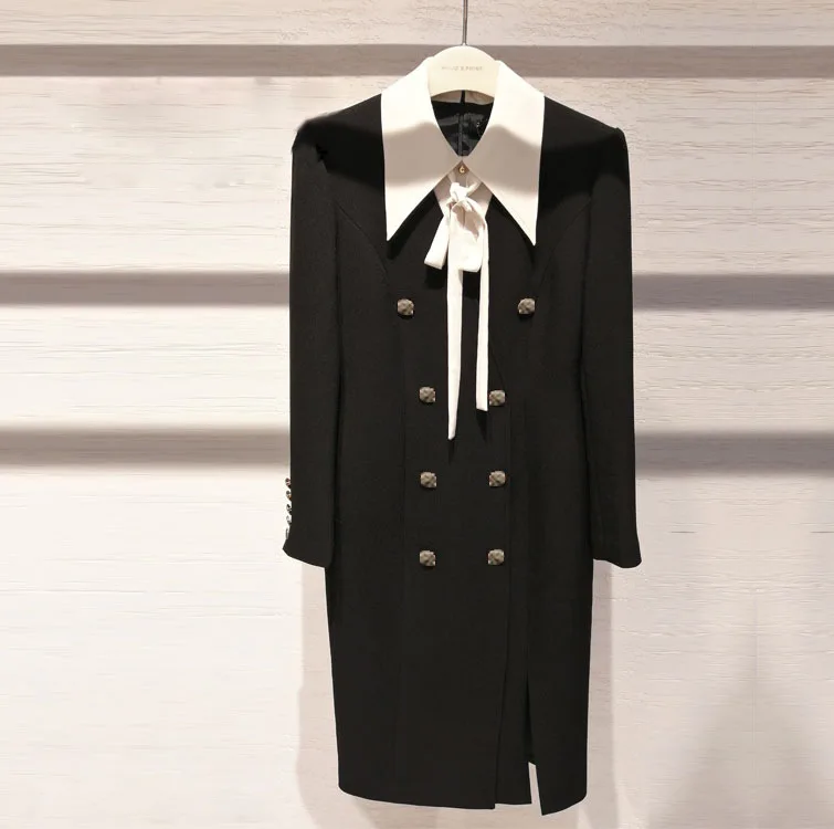 

Spring and Autumn New Korean Women's Temperament High-end Bow Splicing Collar Slim Thin High Waist Dress AL671