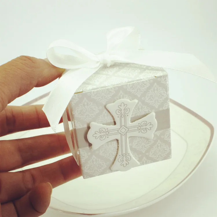 

Wedding Decoration 10PCS Cross Square Candy box Baby Shower Favors and gifts Boxes With Ribbon