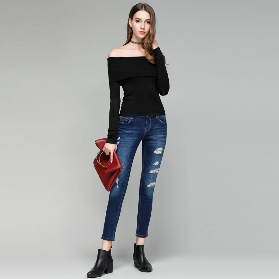 LERFEY Off Shoulder Elastic Autumn Knitted Sweater Women Short Black Lapel Pullover Sexy Jumpers Winter Slash Neck Knitwear Tops | Женская