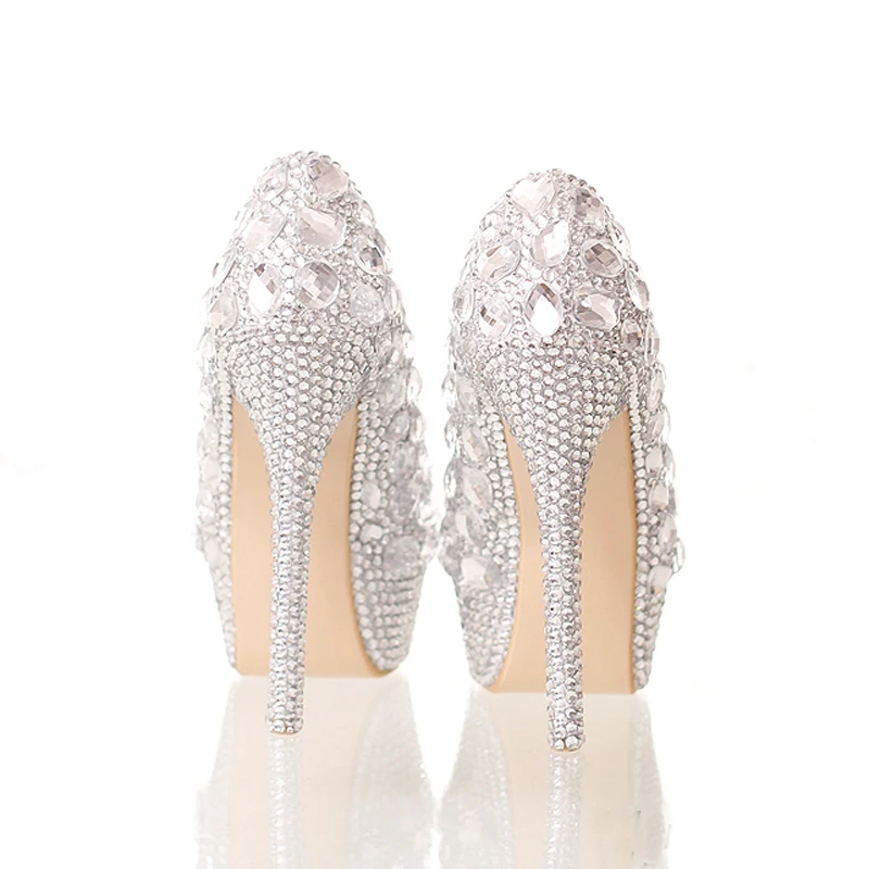 Элегантные свадебные туфли ручной работы на высоком каблуке шпильке Серебристые