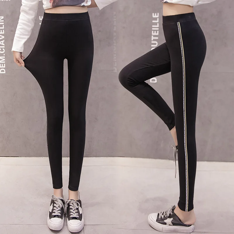 INITIALDREAM Large Size S-5XL Slim Cotton Women Leggings Side Letter Webbing Casual Legging Pencil Pant Plump Female Clothing