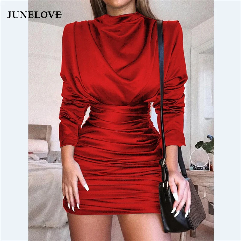 JuneLove пикантные Винтаж Ruched платье Женская водолазка мини с длинным рукавом Bodycon