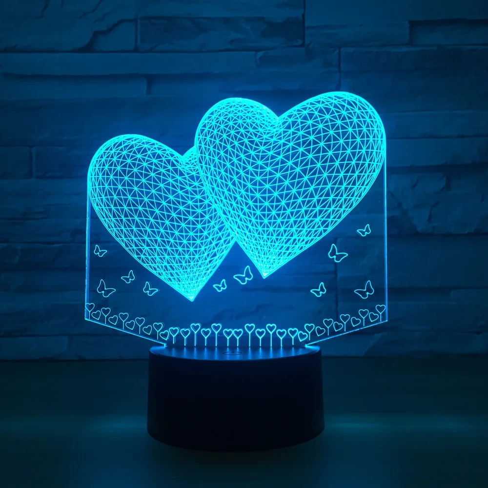 Двойная Любовь 3D Маленькая настольная лампа креативсветодиодный ночная лампа.