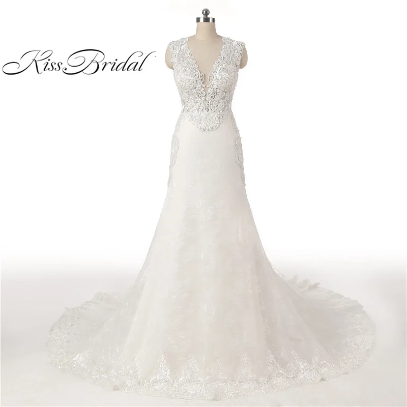 

Real New Long Wedding Dress 2017 O-Neck Sleeveless Court Train Mermaid Appliques Lace Wedding Gowns Vestido de noiva