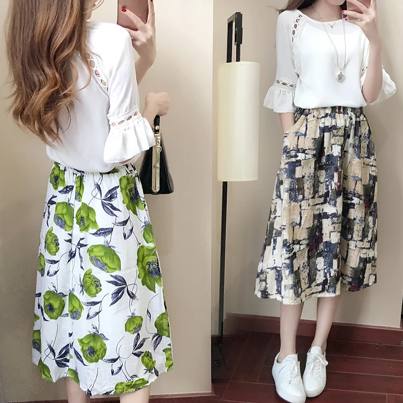 2018 ladies new temperament fashion chiffon shirt T-shirt cropped sleeves clothes + elegant casual print skirt two-piece | Женская
