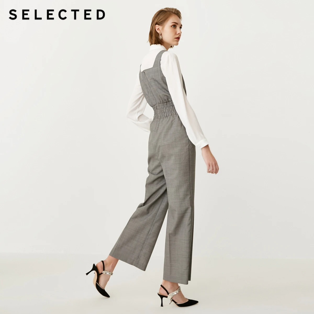 SELECTED Women's Wool-blend Loose Fit Shoulder Straps Plaid Jumpsuit SIG|418344505 |