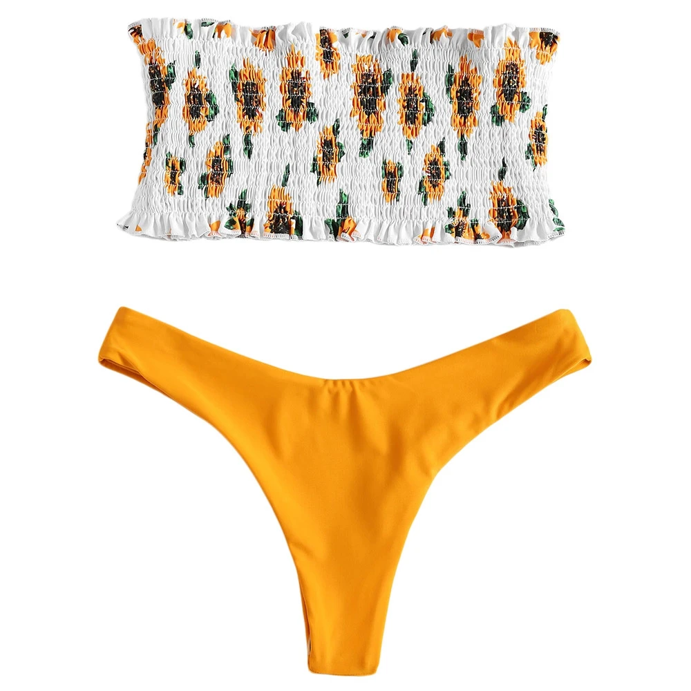 2018 без бретелек Бикини с буфами комплект Shirred купальник подсолнухом Bandeau