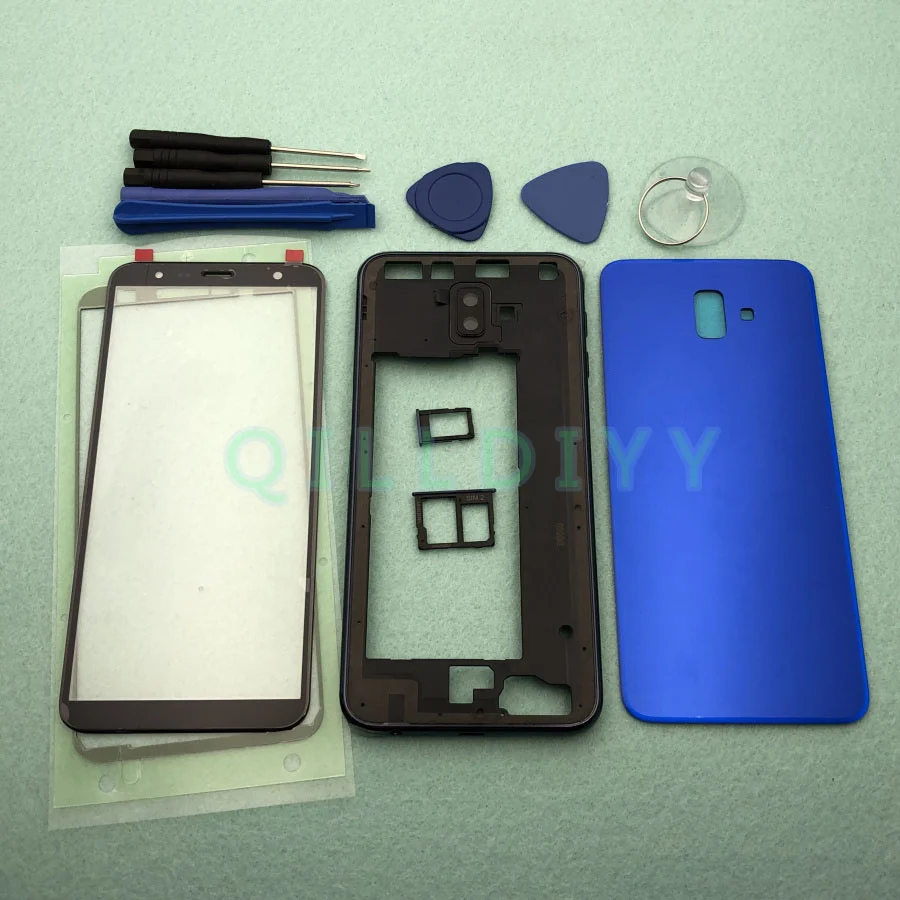 J6+ полный Корпус чехол для samsung Galaxy J6 плюс J610 J610F ЖК-дисплей панели средняя рамка Батарея дверь задняя крышка+ передний Стекло объектив