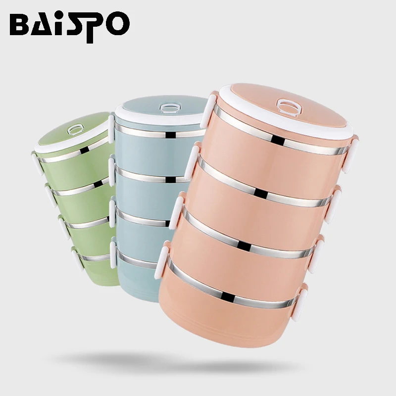 BAISPO 1200 мл многослойный Ланч-бокс, термоконтейнер для хранения продуктов с отделениями, герметичный, с подогревом, Bento box, для пикника, школы
