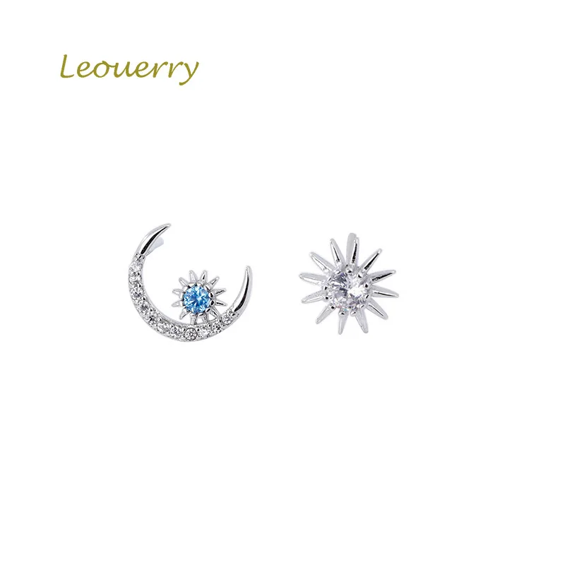 

Leouerry 925 Sterling Silver Earring Personalized Asymmetric Inlaid Blue Diamond Moon Sun Stud Earrings Women 2019 Fine Jewelry