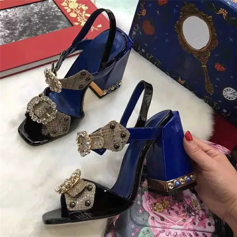 Blue Heel 10 cm Летние Роскошные вечерние туфли с металлическими кристаллами; Босоножки с открытым носком на квадратном не сужающемся книзу массивном каблуке; Новинка; стразы с бантом; Sandalias Mujer - Цвет: Blue Heel 10 cm