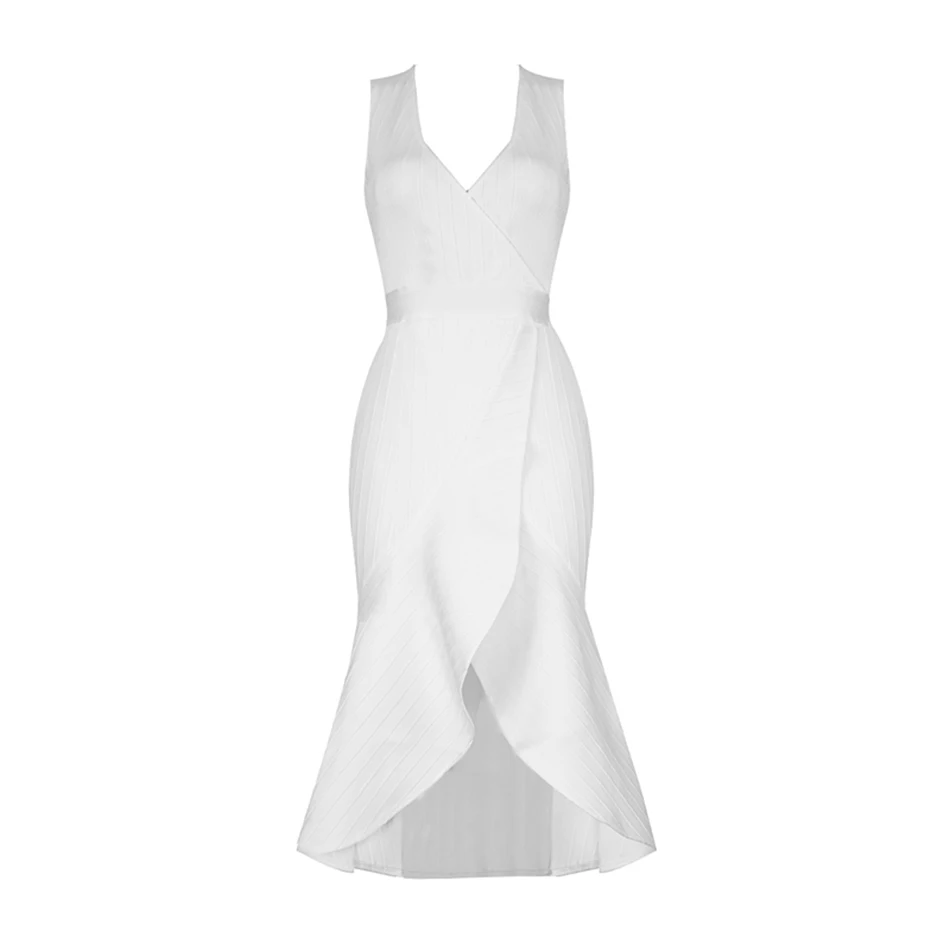 Женское платье без рукавов белое гофрированное с хвостом Бандажное треугольным