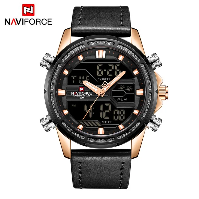 black gold NAVIFORCE мужские s часы Топ бренд Роскошные спортивные часы для мужчин двойной дисплей водонепроницаемый кожаный ремешок наручные часы Relogio Masculino часы - Цвет: black gold