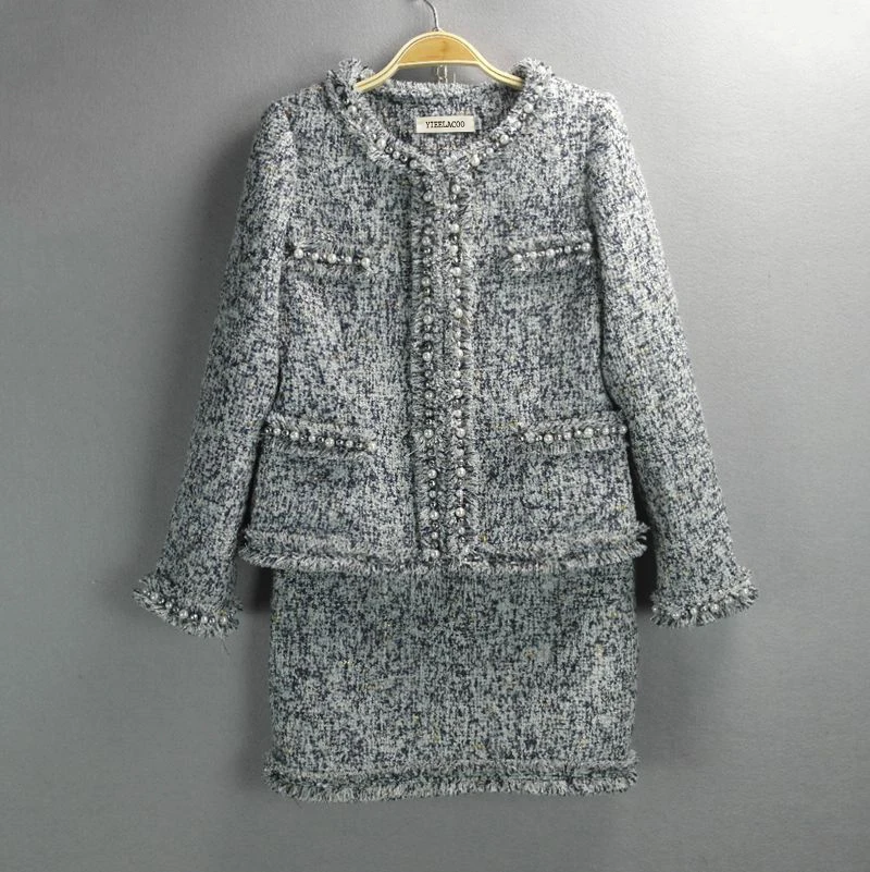 Серый gray tweed jacket+ skirt suits hand-beaded Spring /Fall / Winter new ladies coats 2-piece skirt suit Women's Jackets - Цвет: Серый