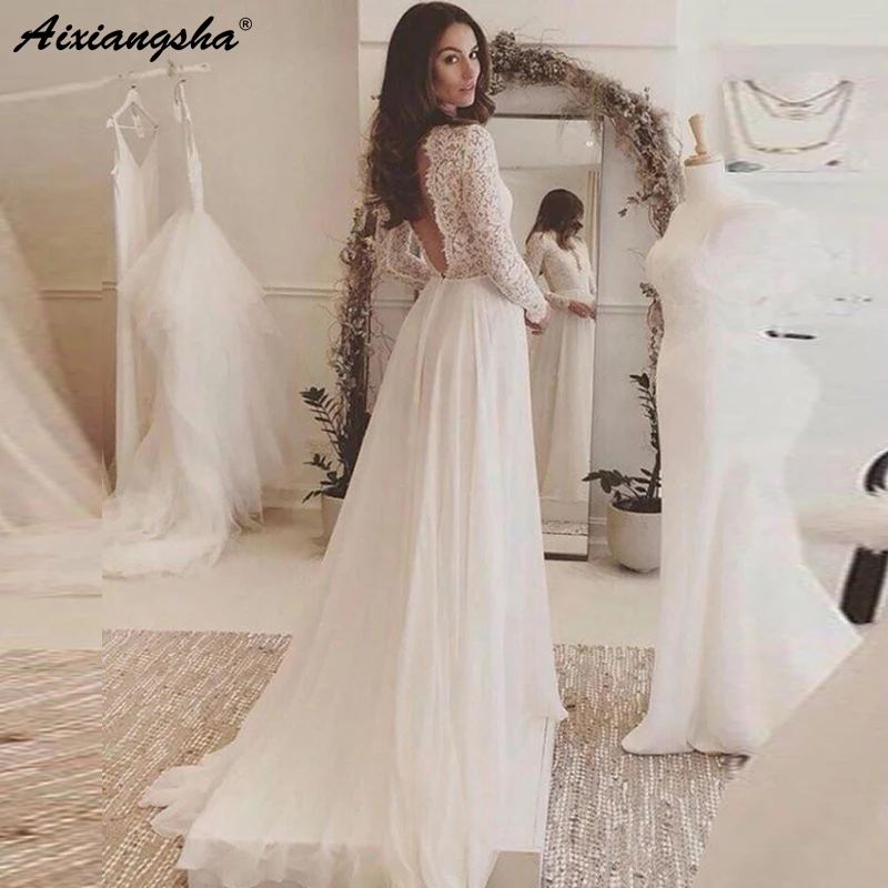 

Cheap Wedding Dress Long Sleeves White/ivory Lace Top A-line Sexy Romantic Sexy Deep V Neck Bridal Gown Vestidos De Noiva