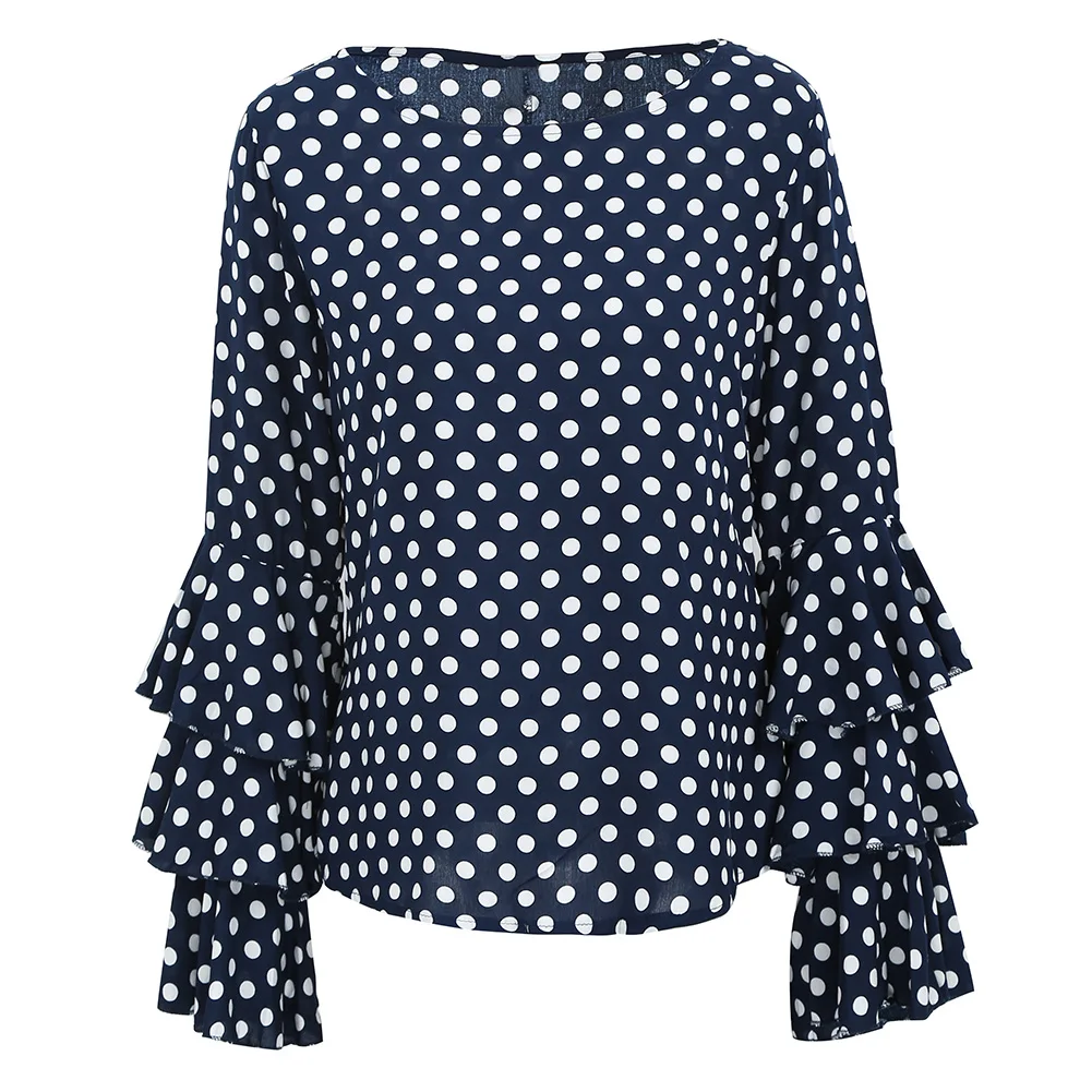 dark Blue Блузки в горошек с оборками, женские туники, женская рубашка с длинным рукавом и круглым вырезом, элегантная женская одежда для офиса и работы, топ размера плюс, 3XL, 4XL, 5XL - Цвет: dark Blue