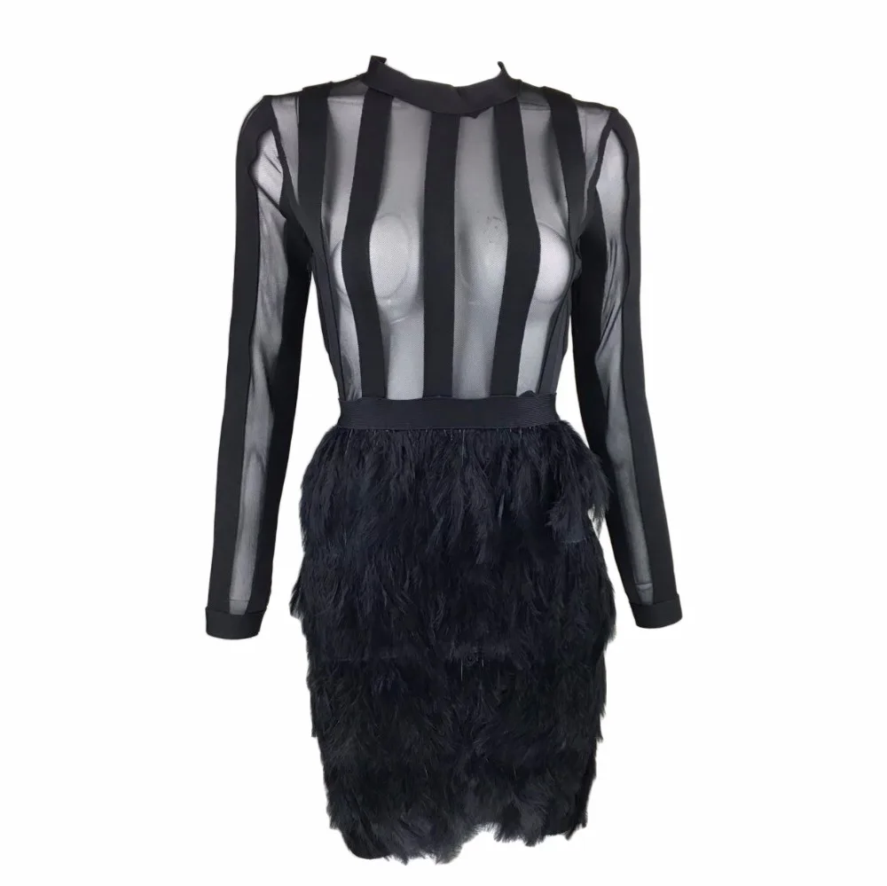 Для женщин модные зимние Коктейльные Бандажное платье с длинными рукавами и круглым вырезом сетки перо страуса лоскутное Vestidos Минни праздничное платье
