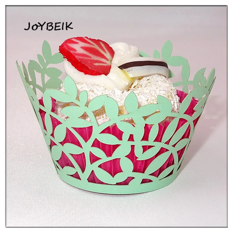 12 шт. лазерная резка листья зеленые бумаги кекс обертка белый выпечки Чашки