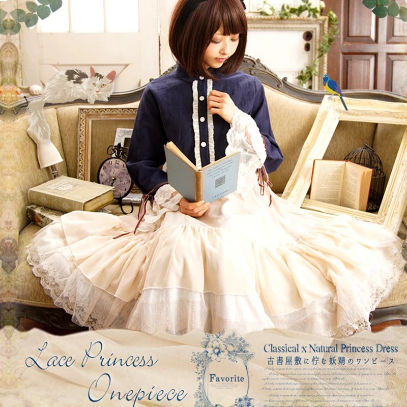 

Mori Girl Lace Ribbon One Piece Dress Women Classical Lolita Princess Dress Sweet Flare Sleeve Ladies Ruffle Dresses T503