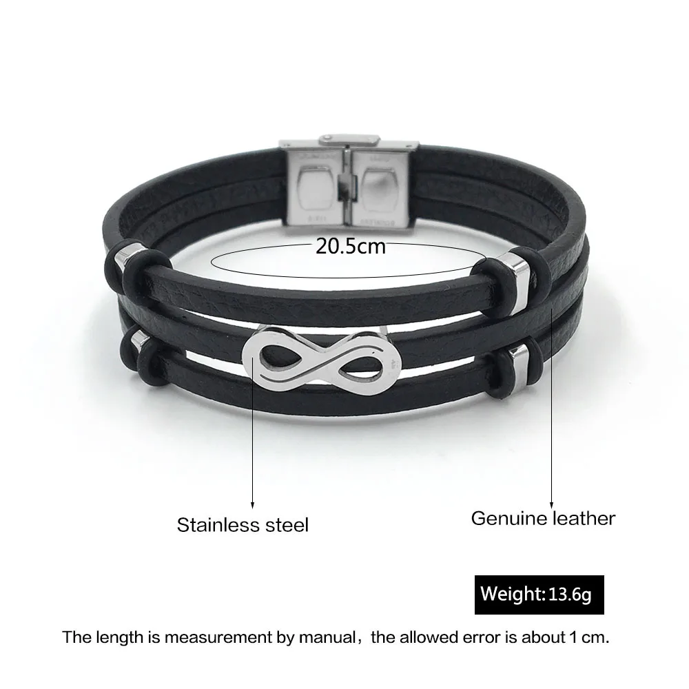 Мужские кожаные браслеты Infinity Shape модные из нержавеющей стали аксессуары для