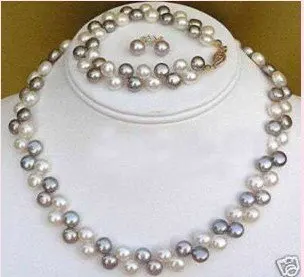 Lovely nice bridal jewelry Beautiful 2 rows Black White pearl necklace &ampbracelet &ampearrings set woman word wholesale | Украшения и