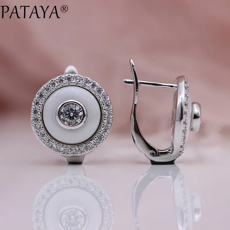 PATAYA новые черные белые керамические круглые серьги 585 розовое золото натуральный циркон Висячие серьги для женщин Свадебные уникальные ювелирные изделия