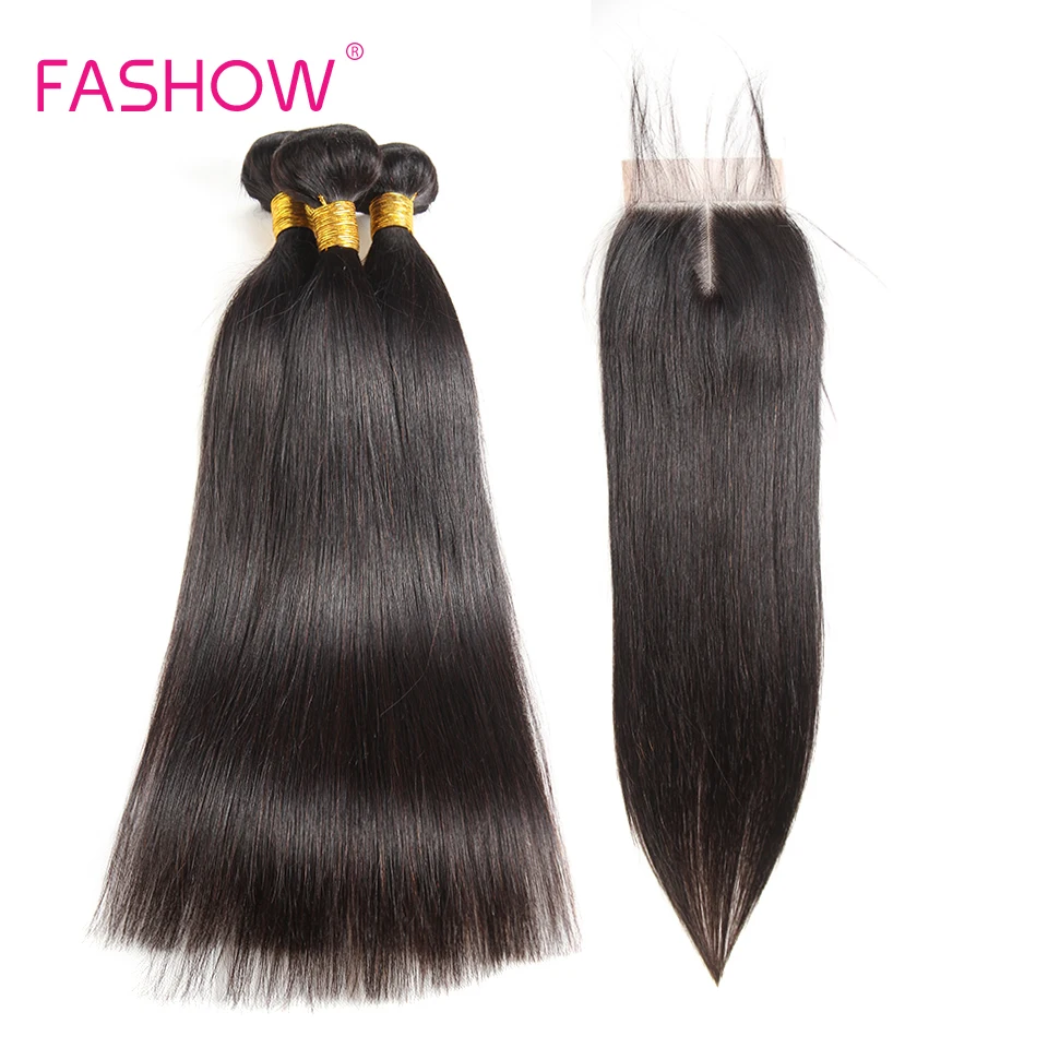 Fashow Peruvian Hair Bundles With Closure 3 Bundles With Lace Closure 100% Human Hair Weave Extensions Straight Hair Bundles