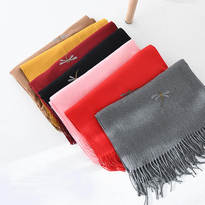 

New Women Scarf Female Winter Cashmere Lengthen Tassels Scarf Shawl Ladies Scarves Travel Pashmina Shawl Dragonfly Emb.Scarf