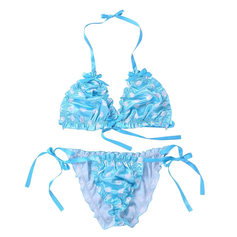 Мужской гофрированный Frilly Блестящий гладкий горошек Strappy Сисси набор белья бикини без косточек Холтер бюстгальтер топ с трусами нижнее белье