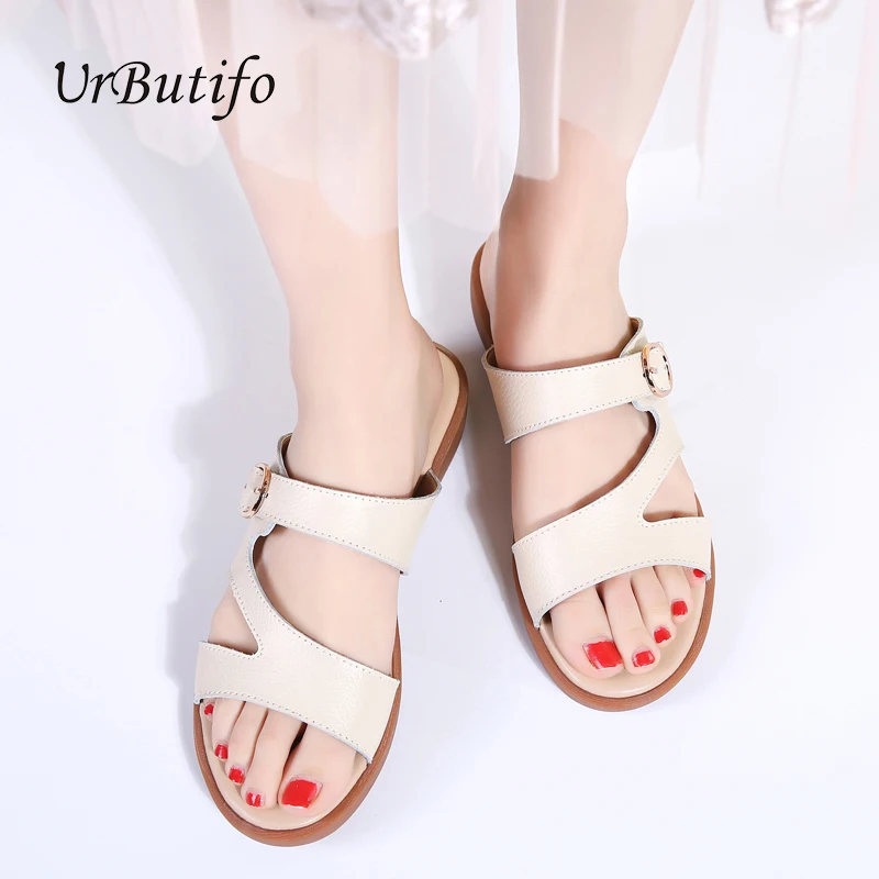

Сандалии UrbutifoSummer женские с круглым носком, шлепанцы на плоской подошве, кожаные босоножки на платформе, цвет белый/черный, лето