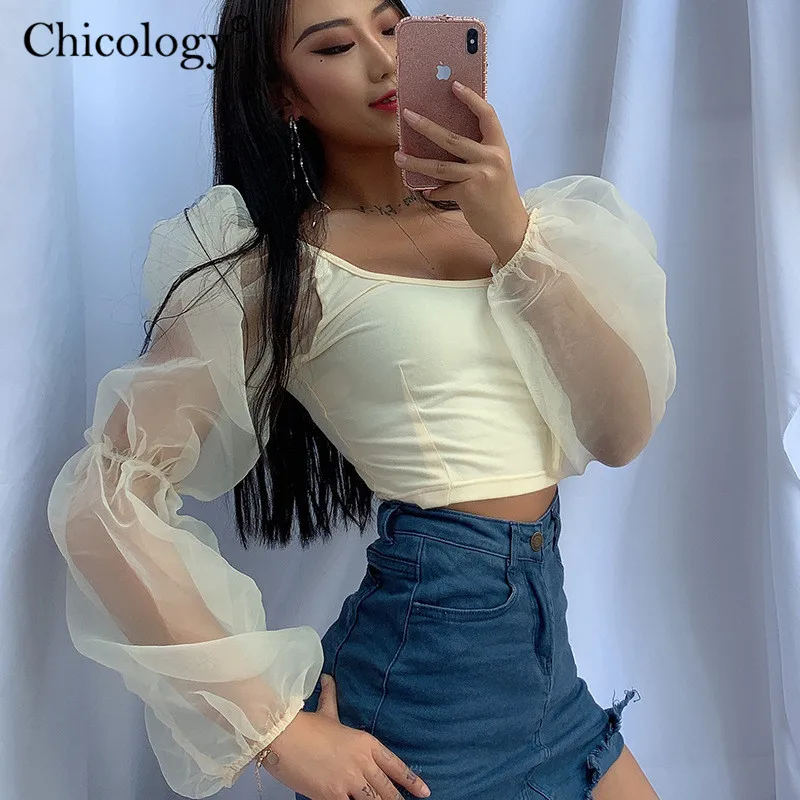 Женская сетчатая блузка Chicology укороченный Топ с длинным рукавом пикантная