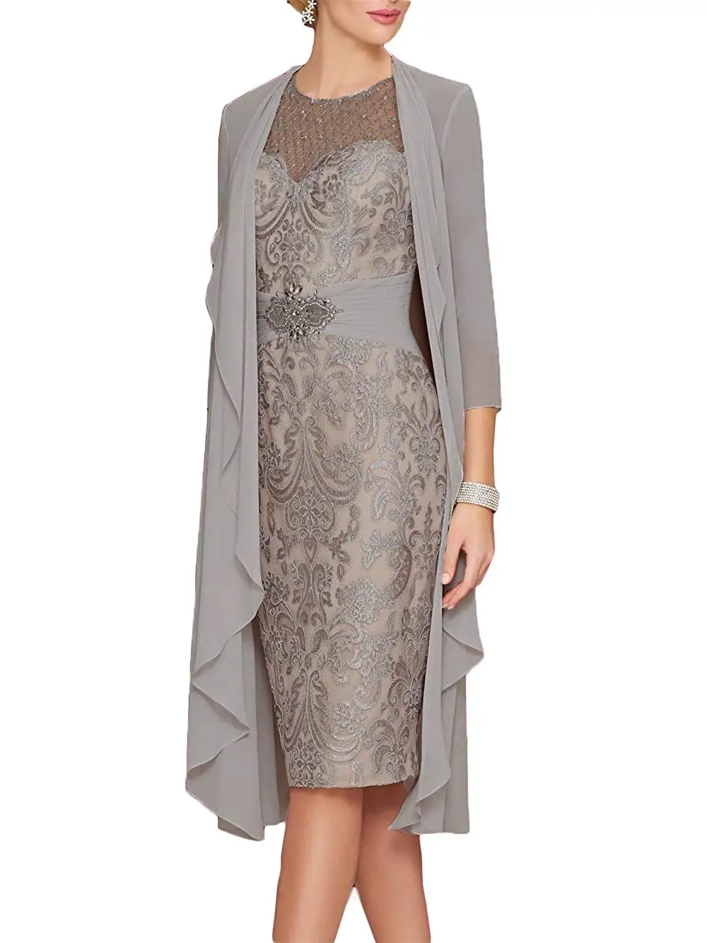 Кружевное платье для матери невесты с шифоновым жакетом рукавом 3/4 и аппликацией