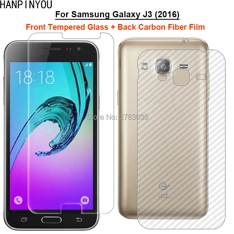 

Для Samsung Galaxy J3 (2016) J320 5,0 дюйма 2 шт. = мягкая задняя пленка из углеродного волокна + ультратонкое закаленное стекло для переднего экрана
