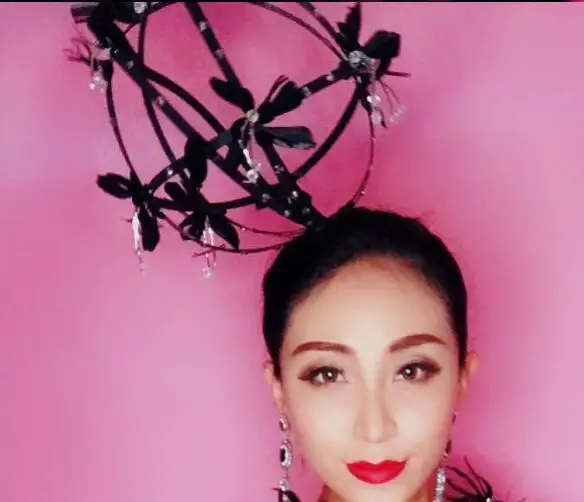 Headdress Черное Сетчатое платье «рыбий хвост» с перьями, сексуальное длинное платье с кристаллами, женские вечерние костюмы, модельные платья для подиума - Цвет: Headdress