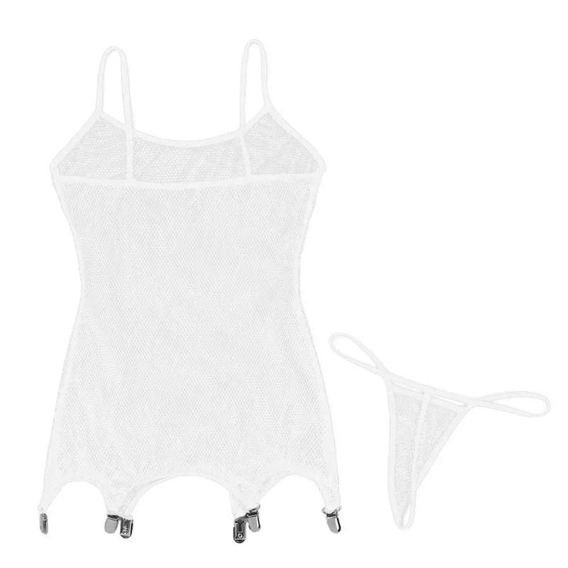 2Pcs Sexy Women Fishnet Lingerie Spaghetti Shoulder Straps Corset with Suspenders Clips Stockings Teddy Bodysuit with Briefs