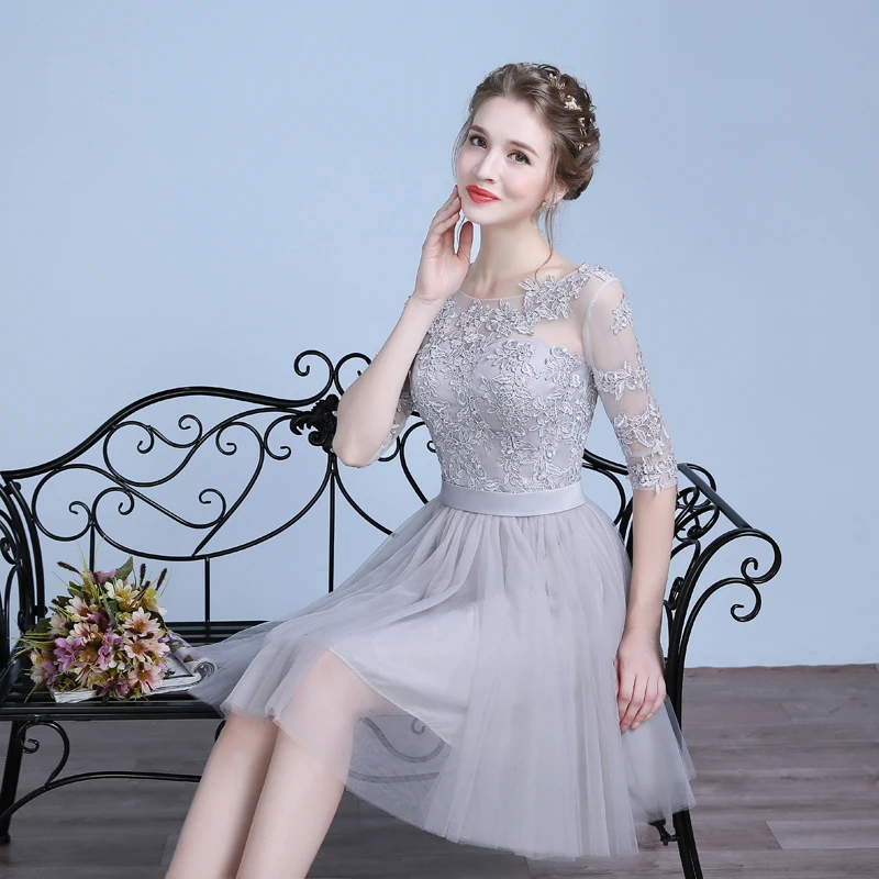 Серый SOCCI/серые Короткие коктейльные платья, рукав три четверти, Тюлевое кружевное платье для выпускного вечера, официальное свадебное платье, Vestidos de curtos - Цвет: Серый